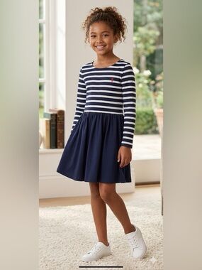 Polo by Ralph Lauren Blue and White Pleated Fit and Flare Dress